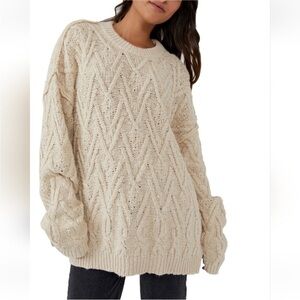 Free People Isla Women's Cream Pullover Cable Stitch Tunic Sweater L‎ Size NWT